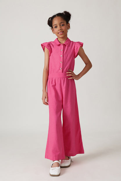 Girls Pink Regular Fit Frill Sleeve Solid Jumpsuit by One Friday