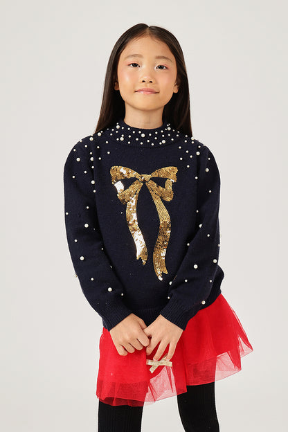 Girls Navy Blue Bow Embroidered Sweater