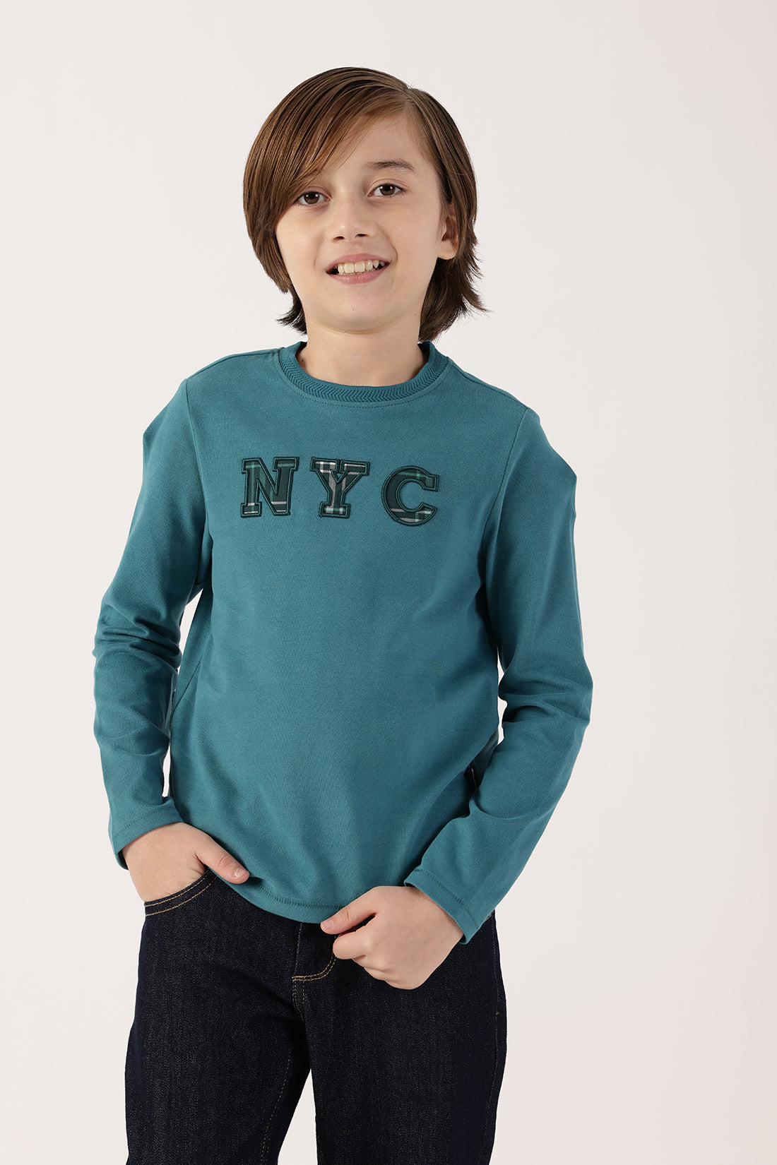 Boys Teal Round Neck Cotton T-Shirt
