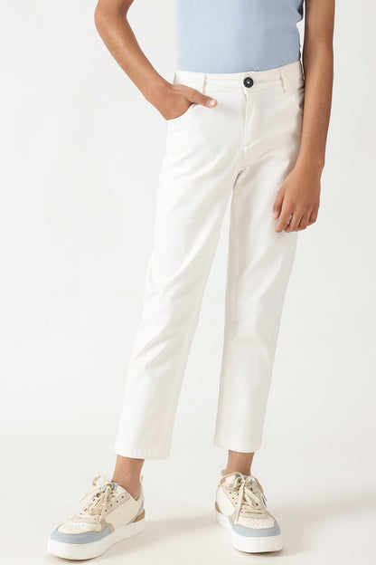 Boys Off White Regular Fit Solid Trousers by One Friday