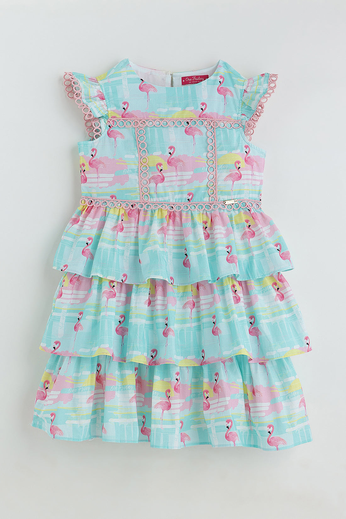 Girls Multicolor Drop Waist Printed Dress with Frill Sleeves by One Friday