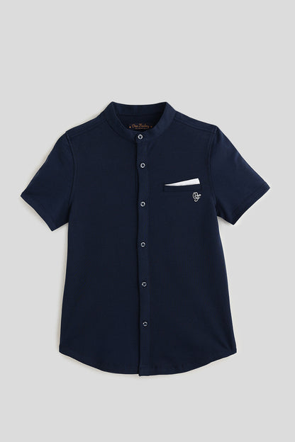 Boys Navy Blue Half Sleeve Solid Shirt by One Friday