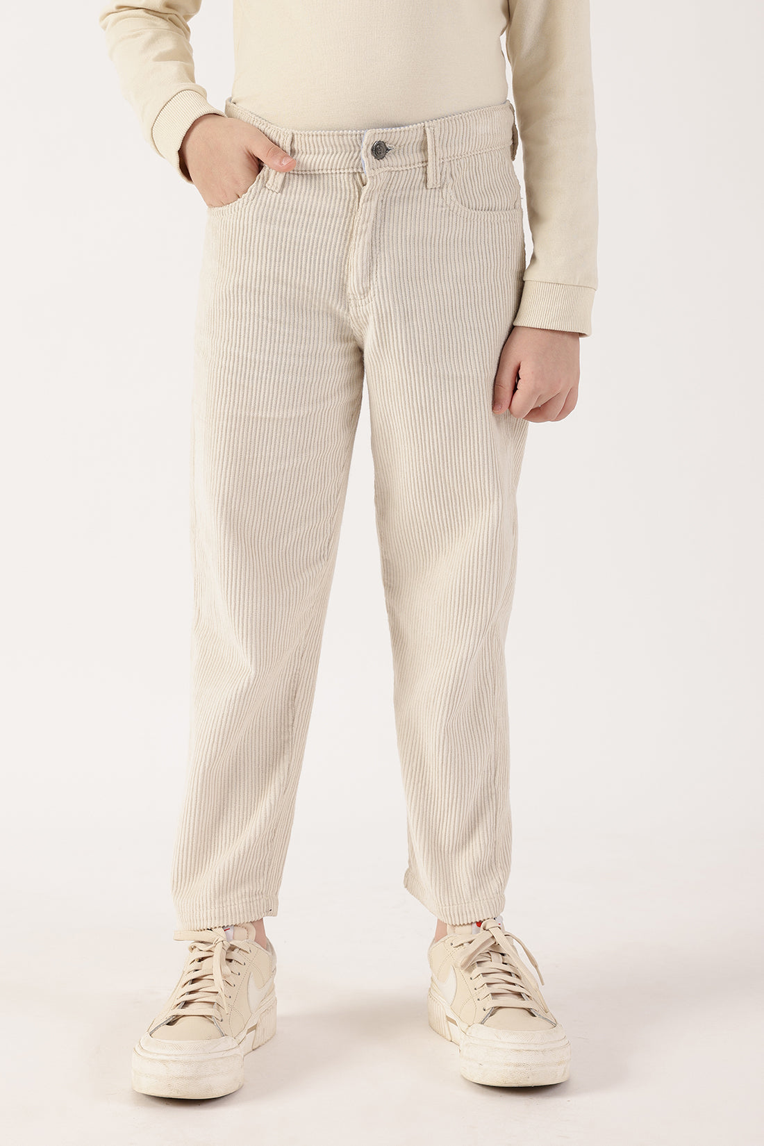 Boys Beige Solid Cotton Woven Trousers