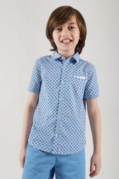 Boys Blue Regular Fit Short Sleeve Printed Shirt by One Friday
