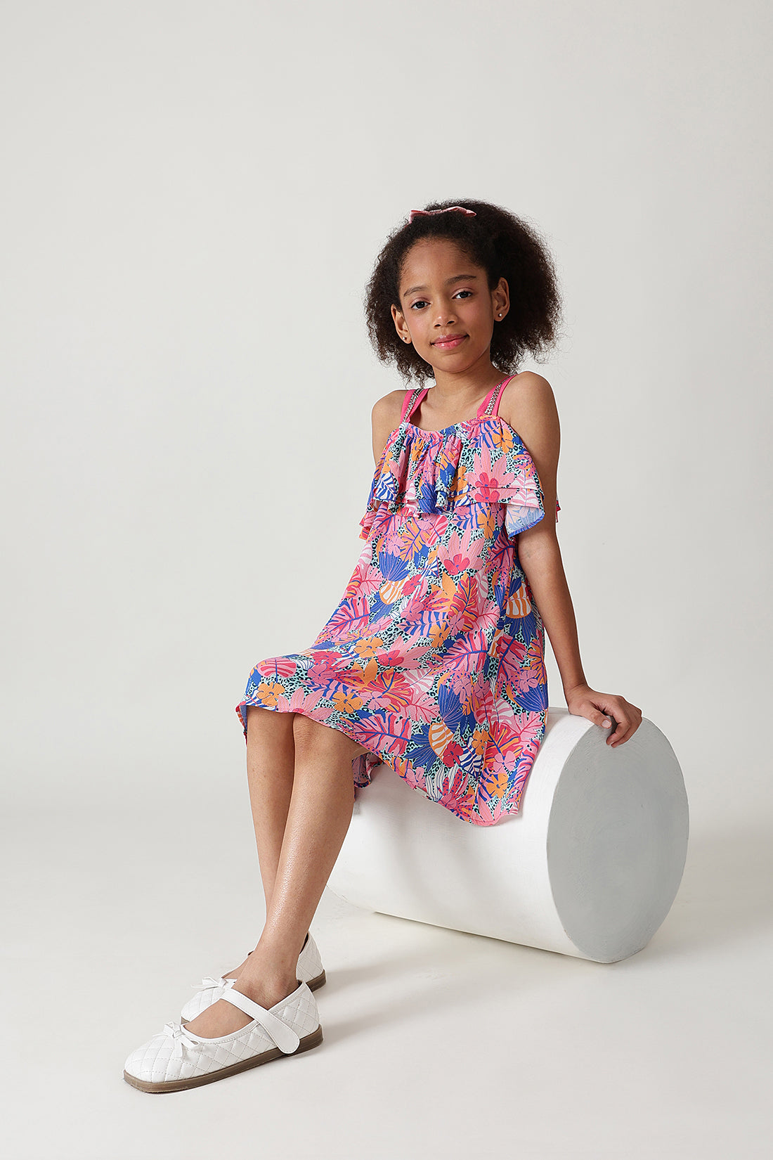Girls Multi Color Color A-Line Sleeveless Floral Printed Dress by One Friday