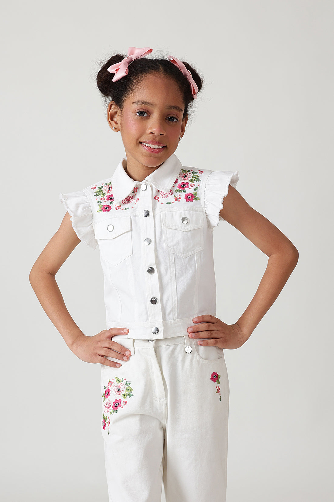 Girls White Regular Frill Sleeve Denim Jackets