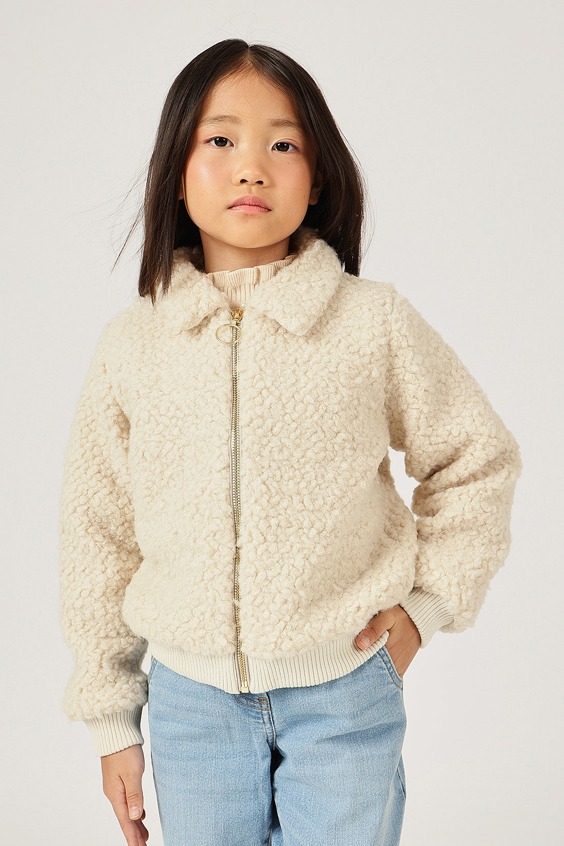 Girls Beige Solid Full Sleeve Shirt Collar Jacket | One Friday
