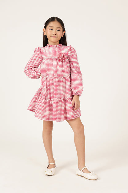 Girls Pink Printed Woven Dress Full Sleeves | One Friday