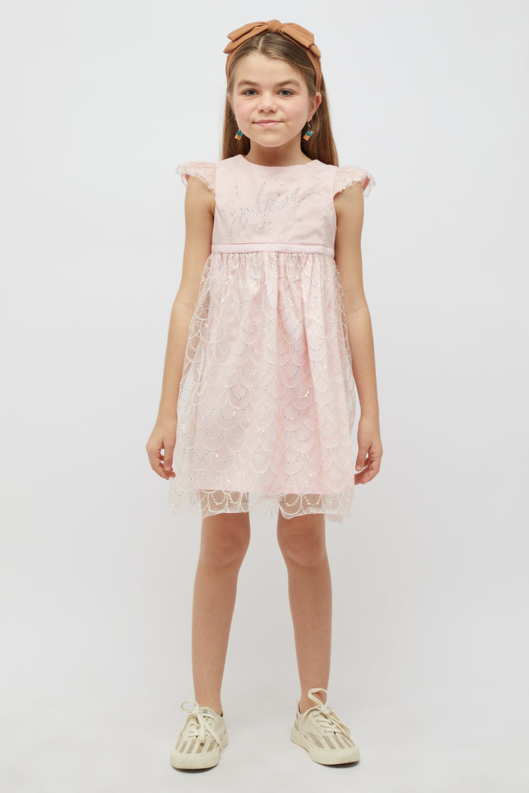 Kids Girl Peach Sequins Back Zip Knee Length Dress