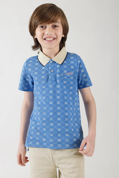 Boys Blue Regular Fit Half Sleeve Printed Polo T-Shirt by One Friday