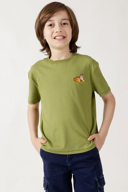Boys Olive Regular Fitted Half Sleeve Solid T-Shirts