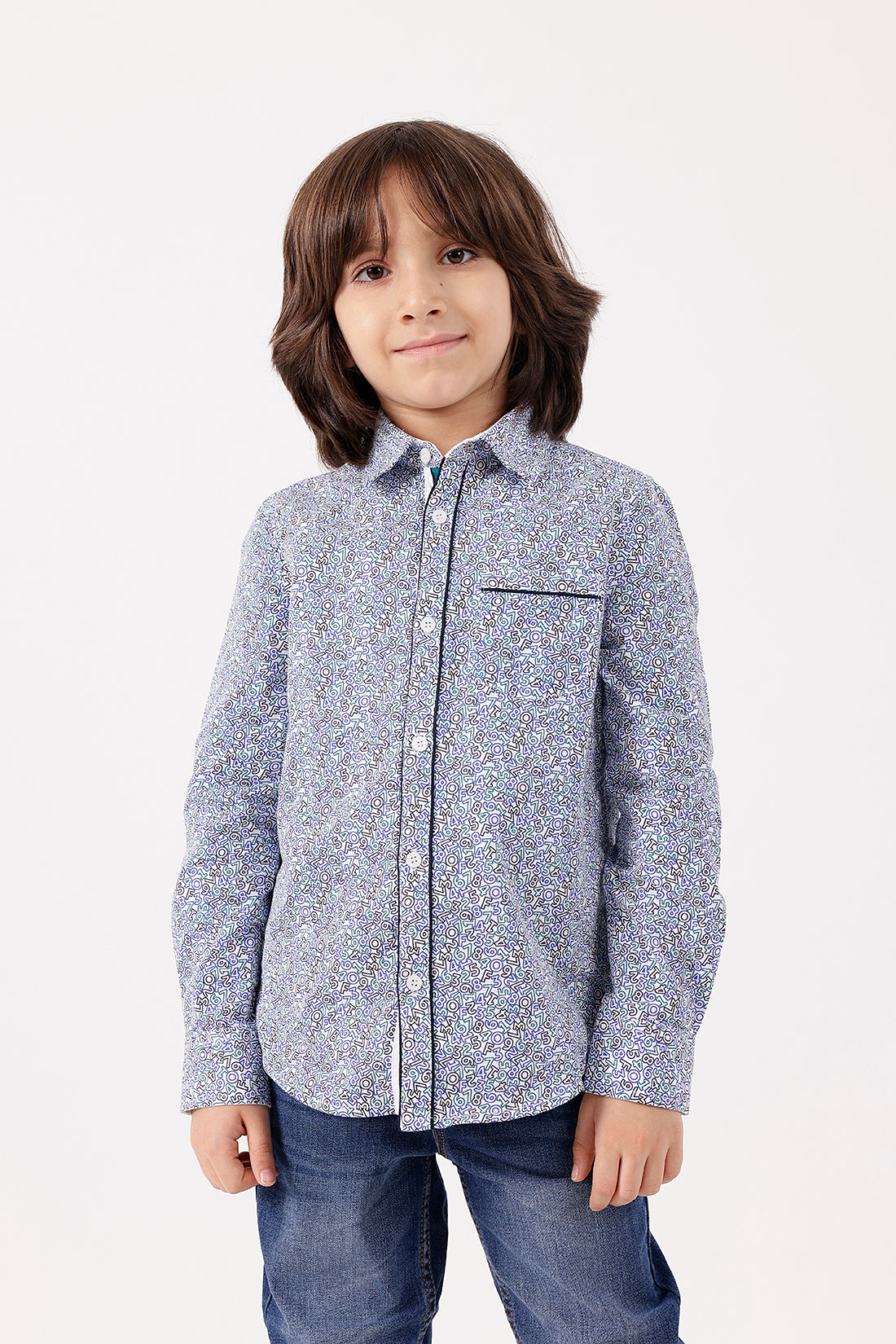 Boys Blue Printed Cotton Shirt