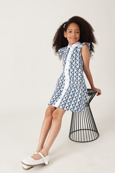 Girls Blue Frill Sleeve Geometrical Print Dress Online | One Friday