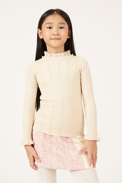 Girls Beige Solid Knit Full Sleeve Jumper