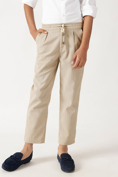 Boys Beige Slim Fit Solid Trouser by One Friday