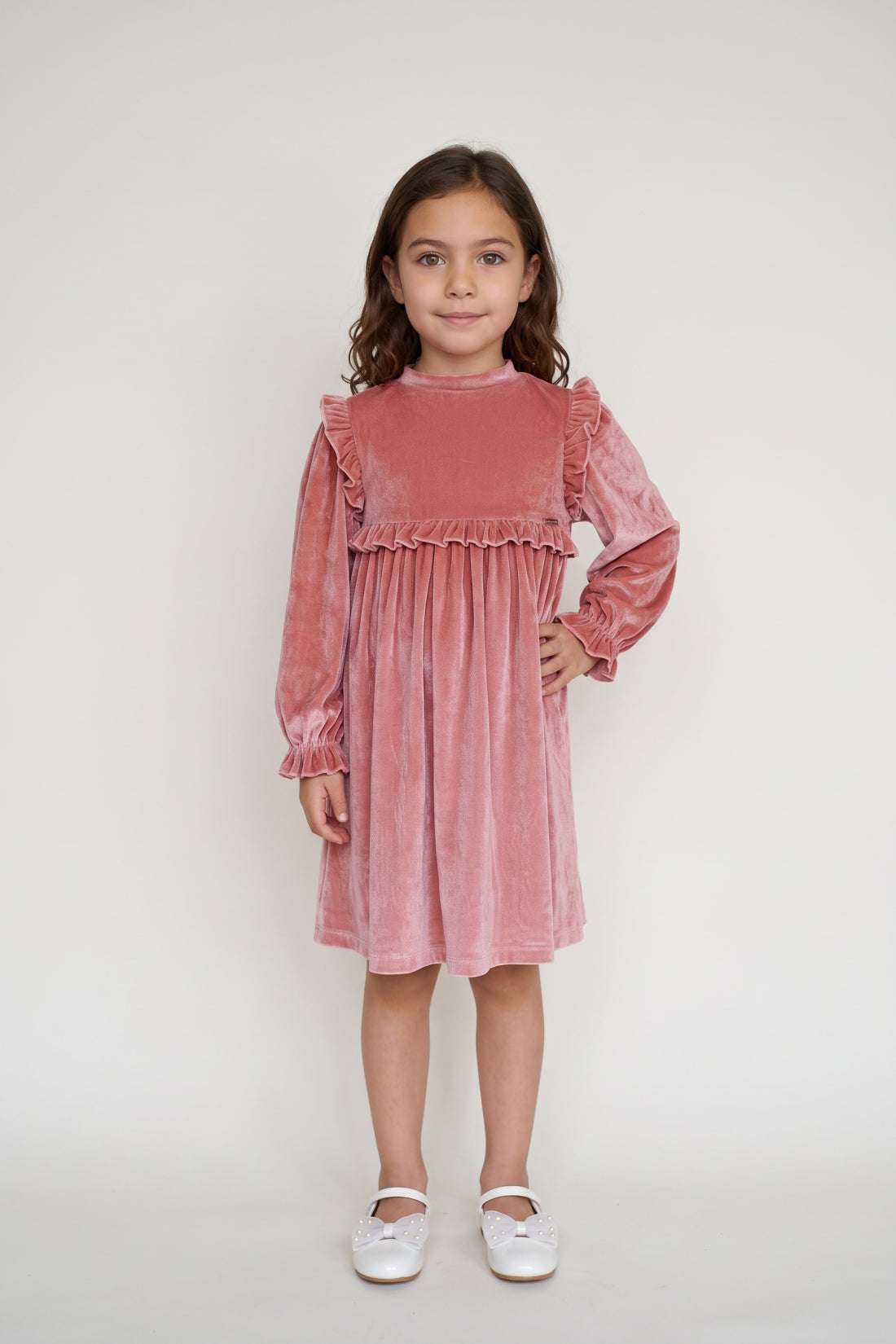 Girls Peach Solid Velour Ruffle Collar Dress
