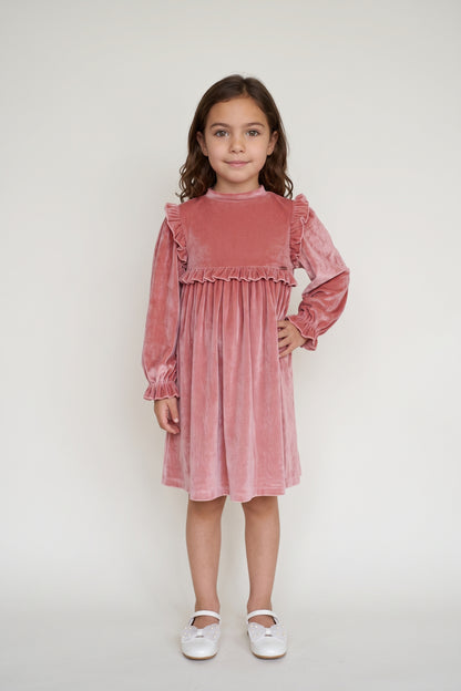 Girls Peach Solid Velour Ruffle Collar Dress