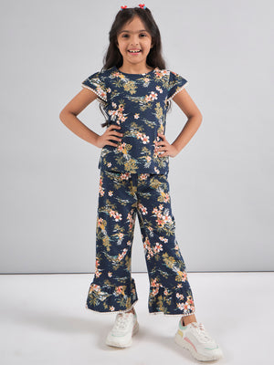 One Friday Kids Girls Navy Blue Printed Night Suit
