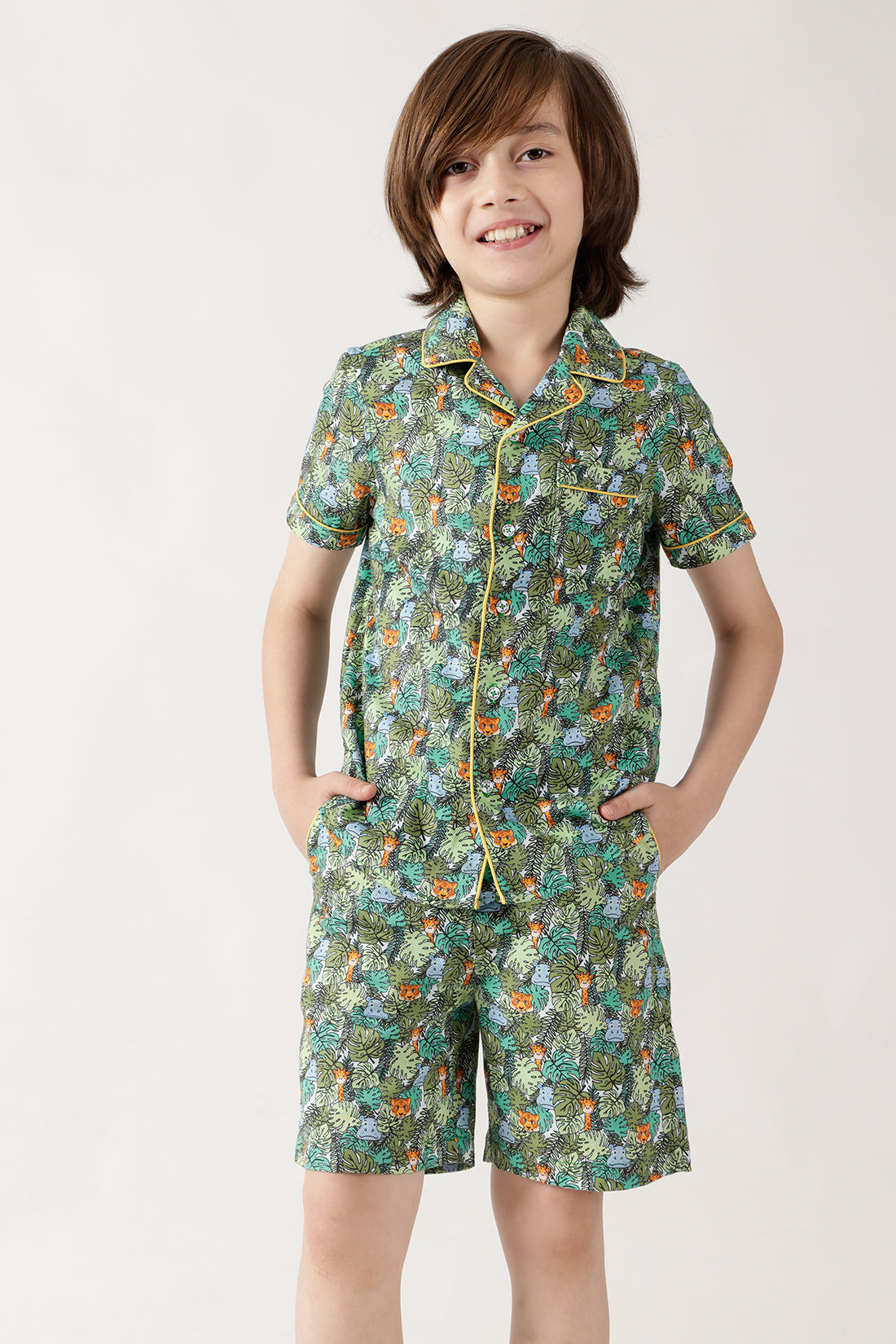 Boys Green Half Sleeve Printed Co-ord Set by One Friday