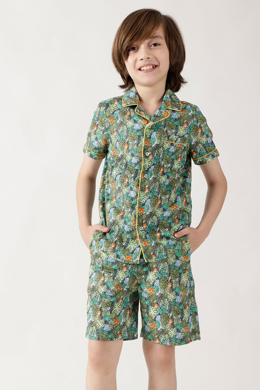 Boys Green Half Sleeve Printed Co-ord Set by One Friday