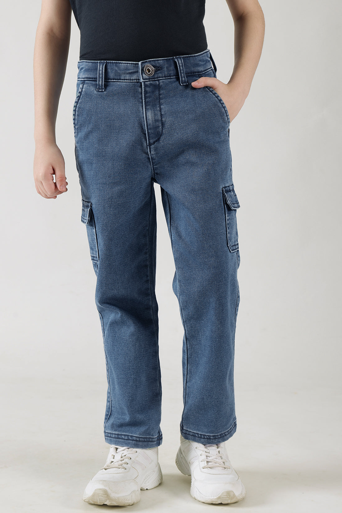 Boys Blue Regular Fit Solid Denim Cargo by One Friday