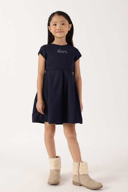 Girls Navy Blue Polyester Full Sleeve Woven Dress | One Friday
