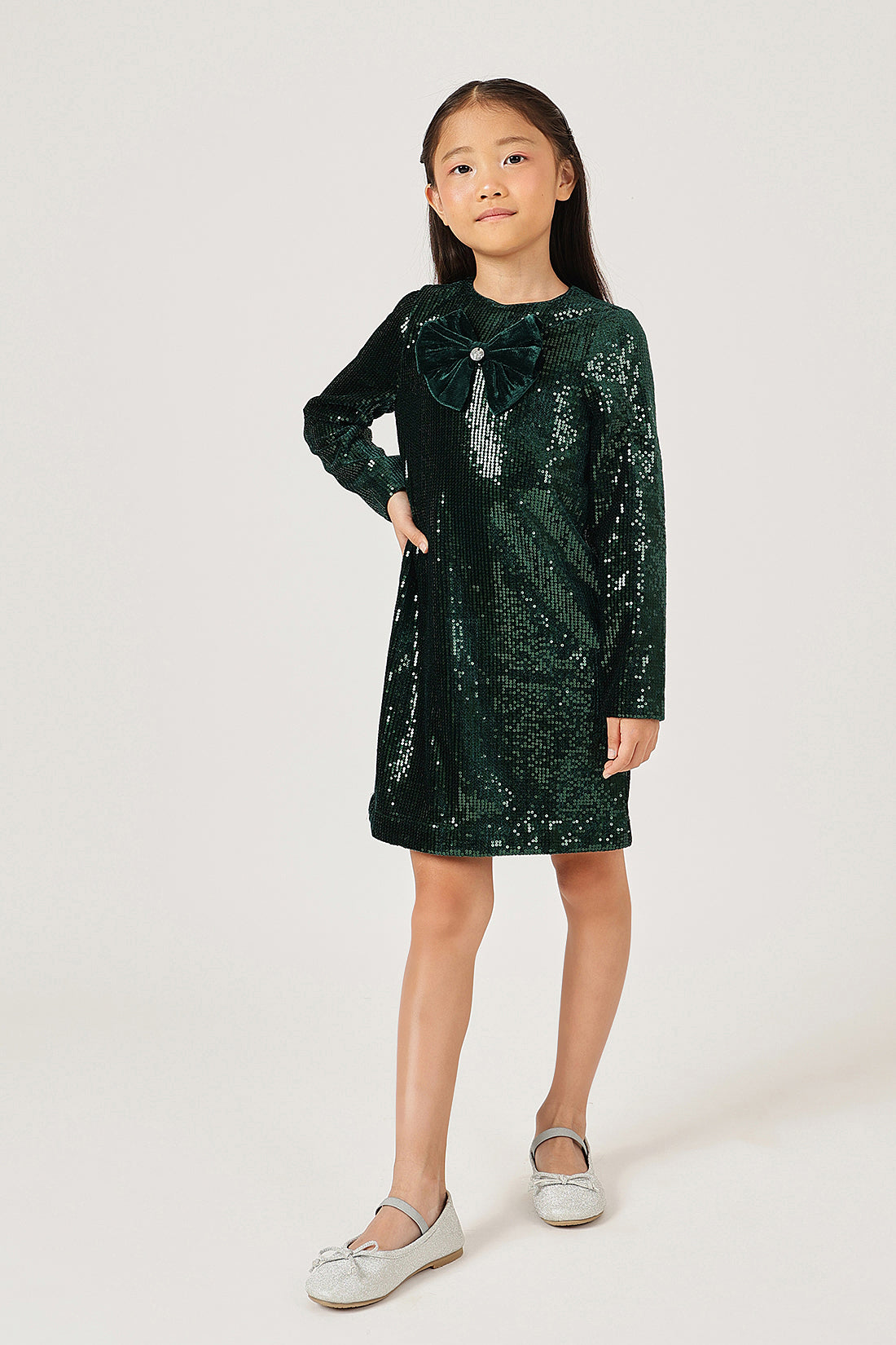 Girls Green Solid Full Sleeve Polyester Dress | One Friday