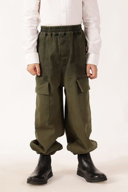 Boys Olive Solid Cotton Woven Trousers