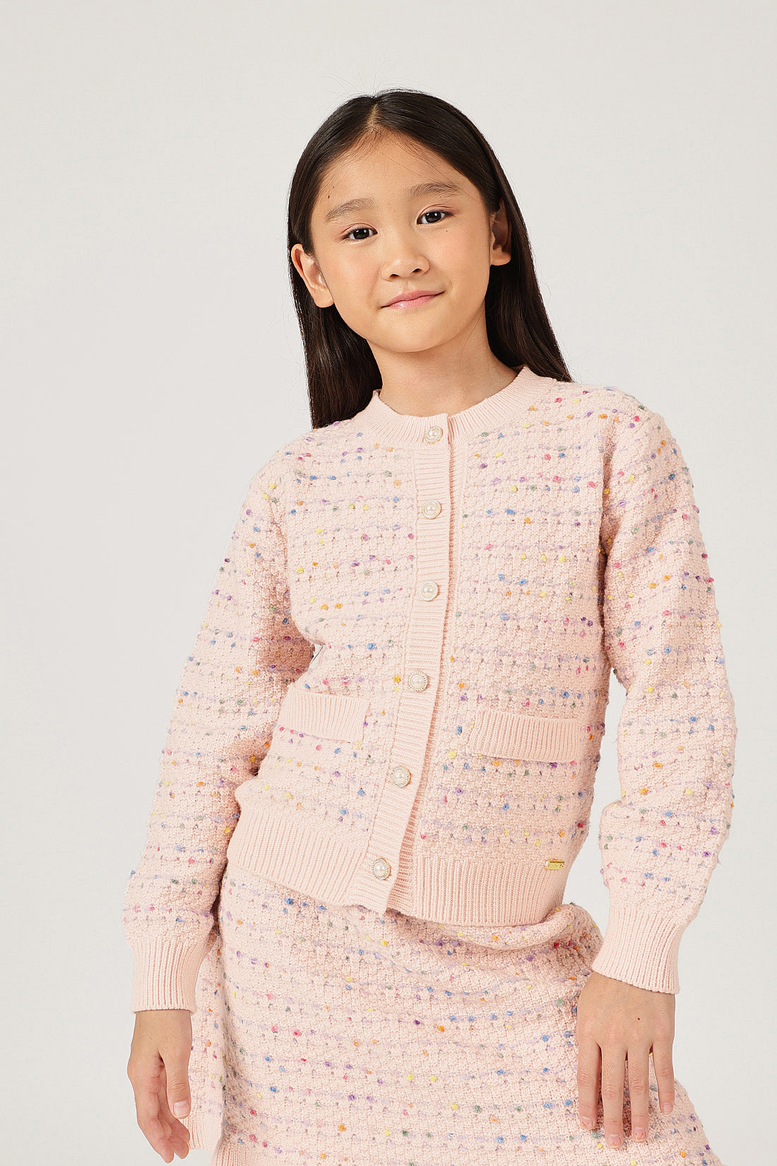 Girls Peach Round Neck Button Full Sleeve Cardigan