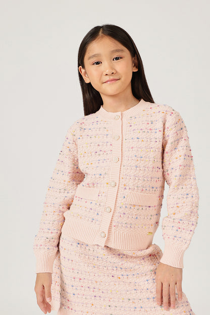 Girls Peach Round Neck Button Full Sleeve Cardigan