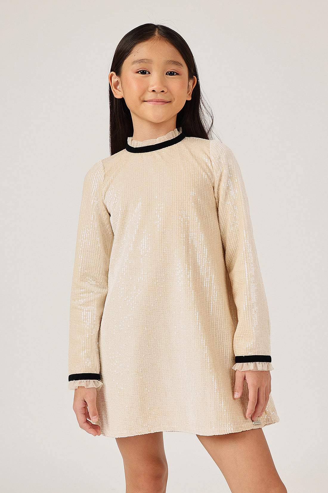 Girls Beige Sequin Full Sleeve Woven Dress | One Friday