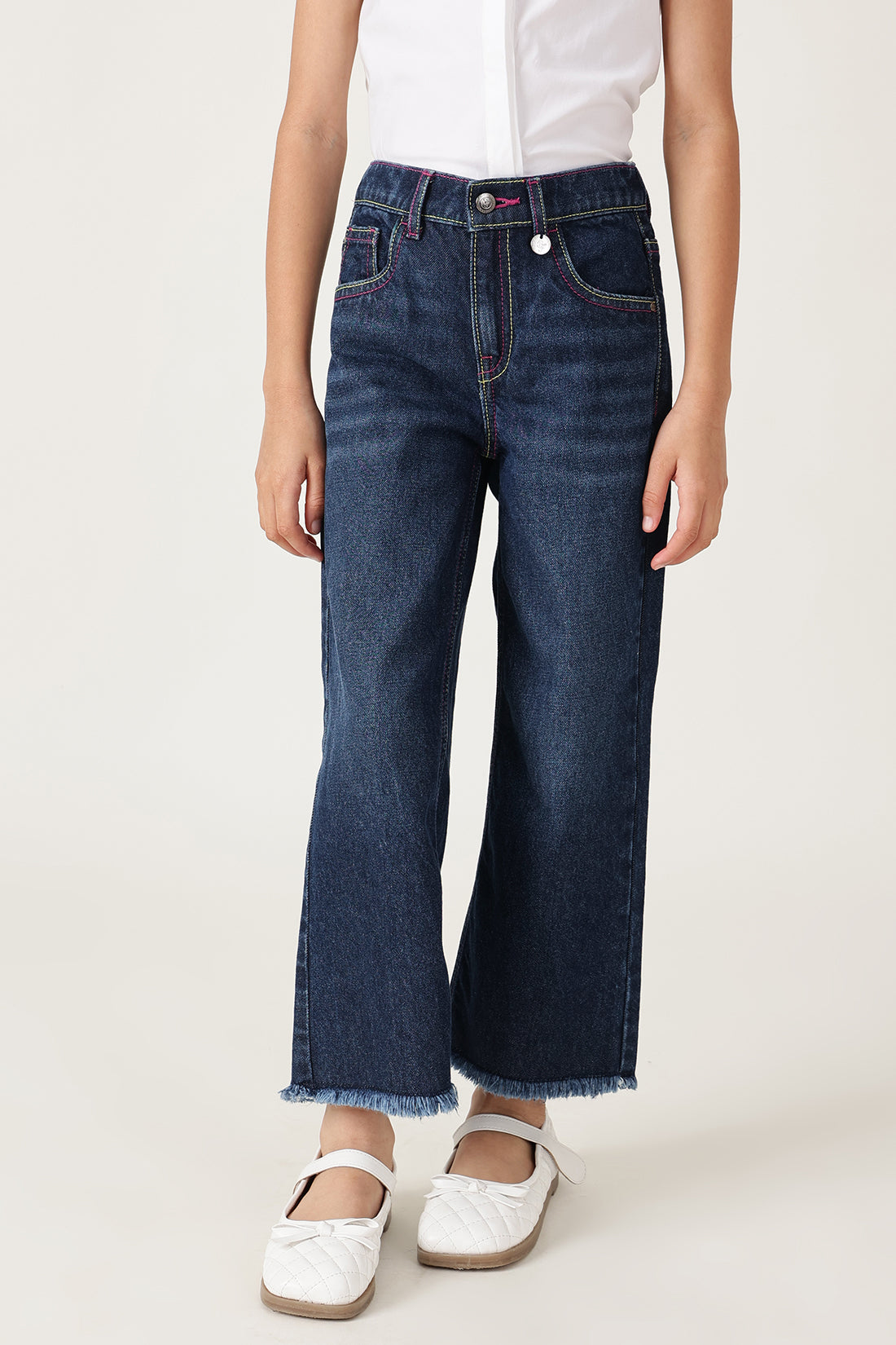 Girls Blue Straight Fit Solid Jeans by One Friday