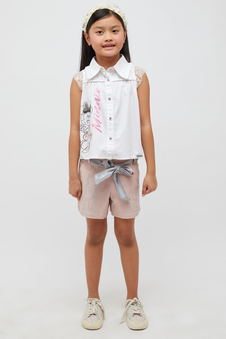 Kids Girls Pink Minnie Printed Short With Cloth Belt
