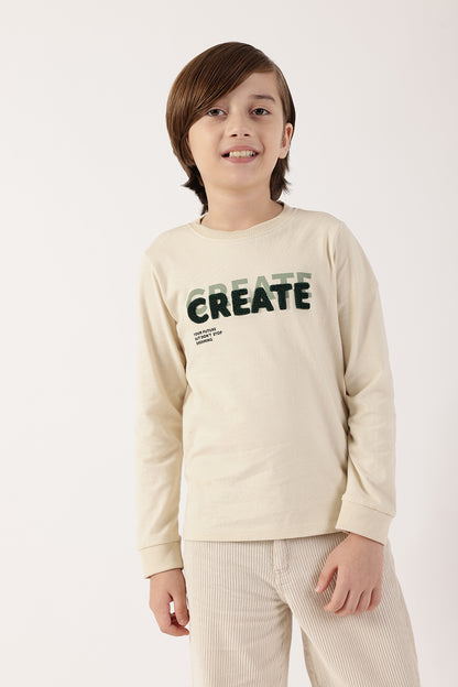 Boys Off White Round Neck Cotton T-Shirt