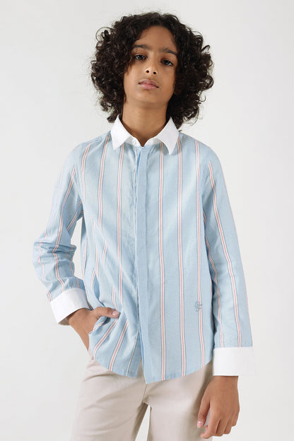 Boys Aqua Regular Fit Full Sleeve Striped Shirt