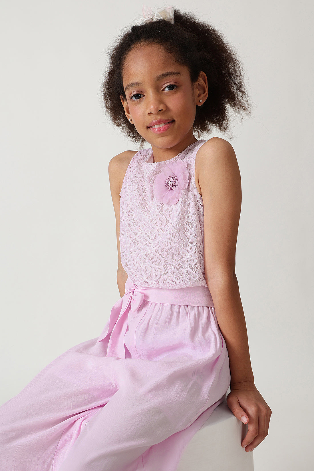 Girls Lavender Regular Sleeveless Laced Jumpsuit by One Friday