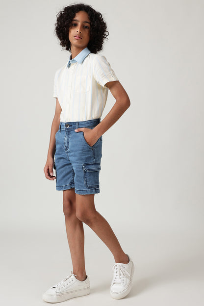 Boys Medium Blue Regular Fitted Solid Shorts by One Friday