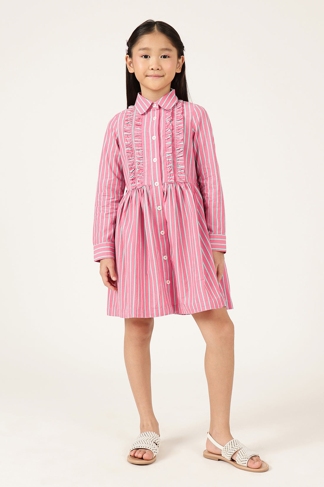 Girls Pink Striped Cotton Shirt Collar Full Sleeve Dress | One Friday
