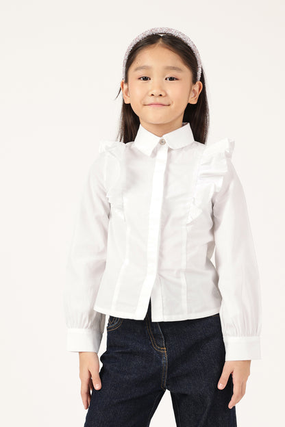 Girls Off White Shirt Collar Cap Sleeve Top