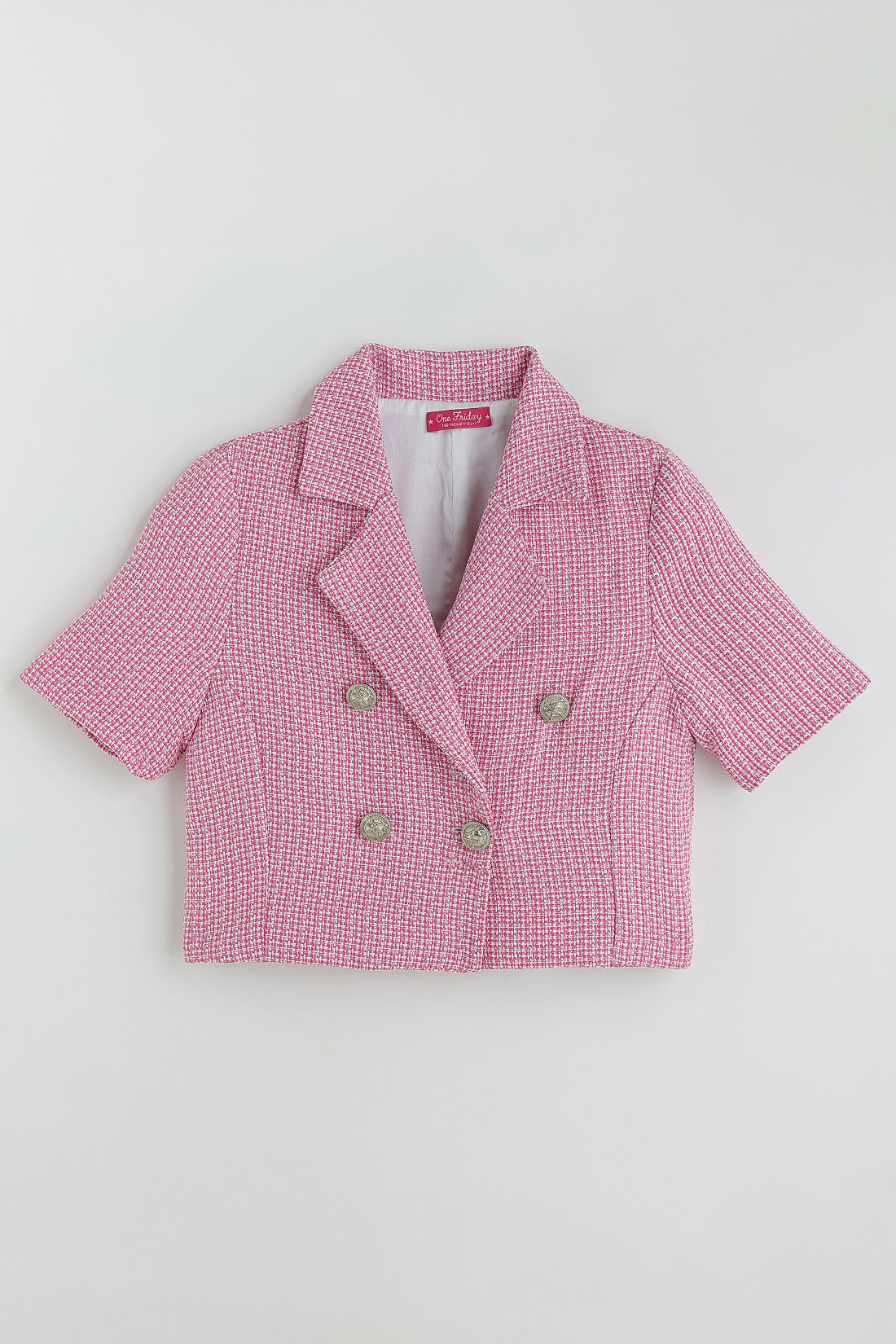 Girls Pink Cropped Fit Half Sleeve Yarn Dyed Jacket by One Friday