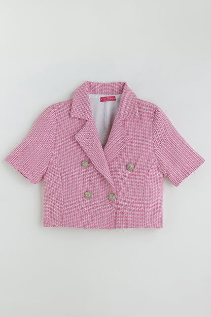 Girls Pink Cropped Fit Half Sleeve Yarn Dyed Jacket by One Friday