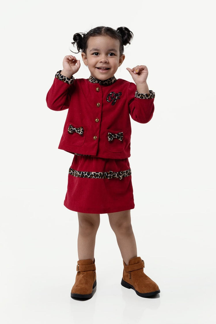 Kids Girl Maroon Solid Jacket Skirt Set for Winters