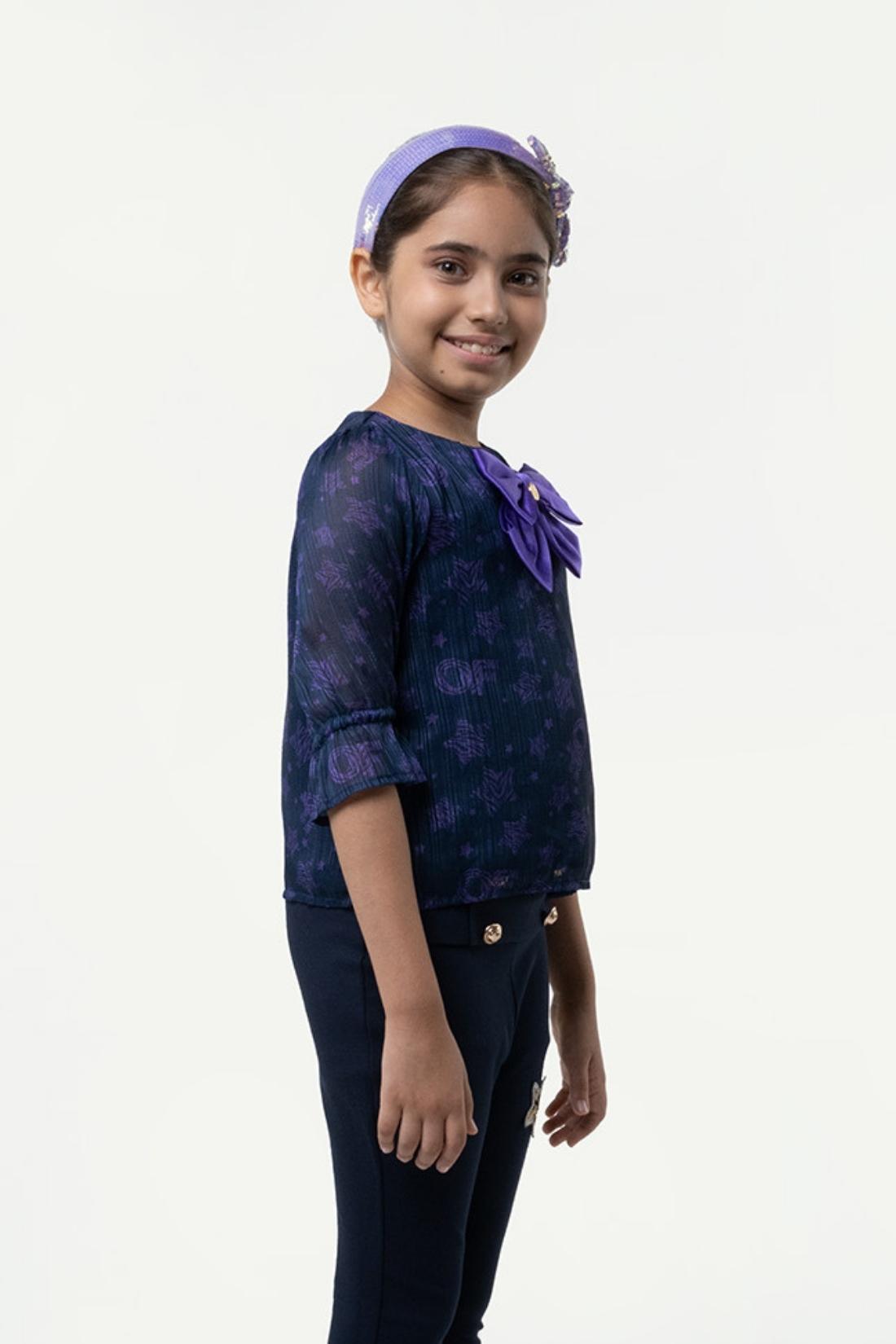One Friday Kids Girls Navy Blue Star Printed Top With Bow