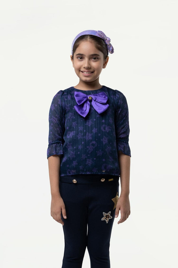 Kids Girls Navy Blue Star Printed Top With Bow