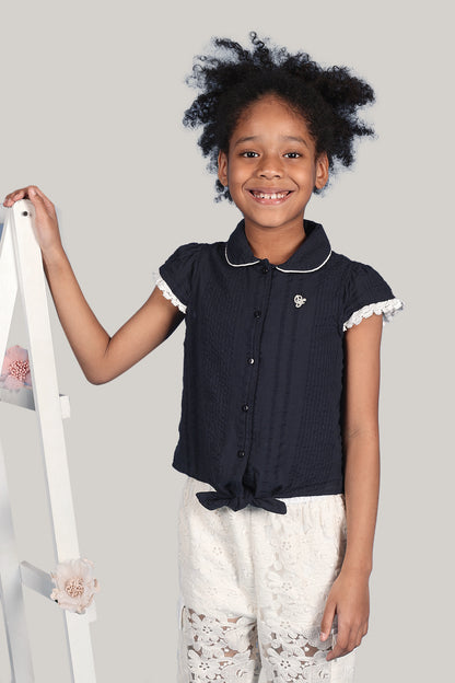 Girls Navy Blue Embroidered Top