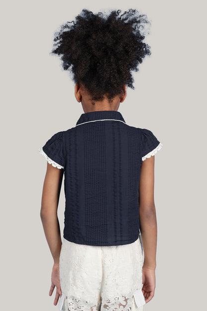 Girls Navy Blue Embroidered Top