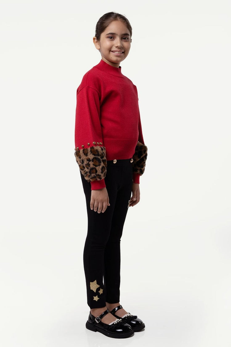 Kids Girl Red Pullover Sweater with Animal Printed Cuff