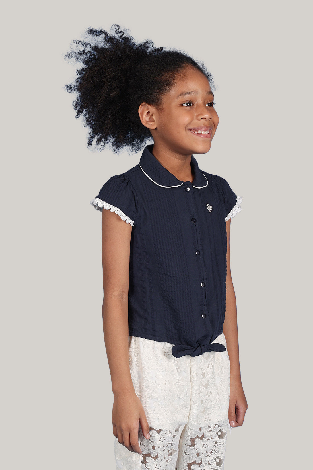 Girls Navy Blue Embroidered Knit Top