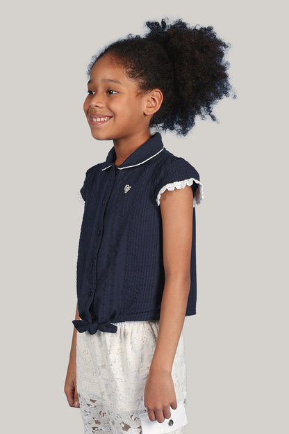 Girls Navy Blue Embroidered Top