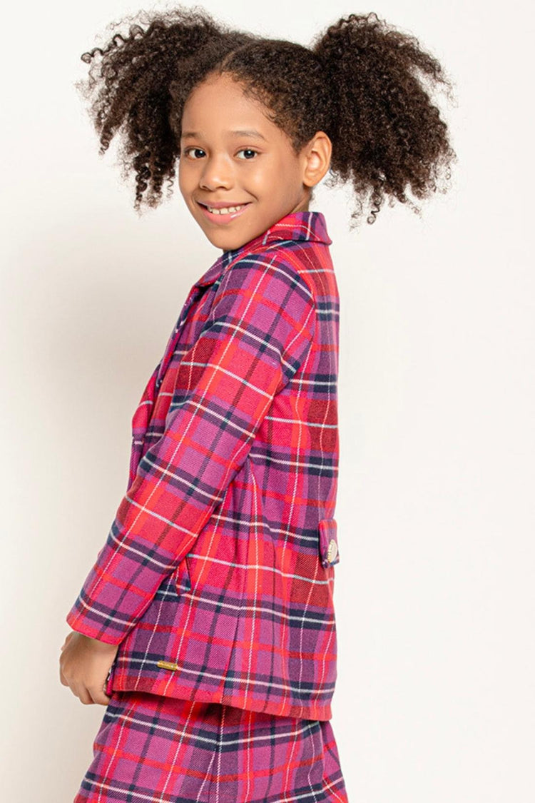 Kids Girl Purple Check Full Sleeves 2 Button Woven Blazer